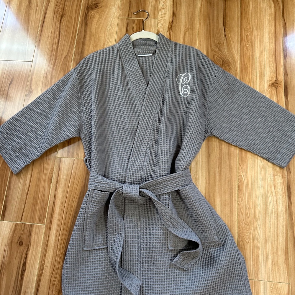 Gray Waffle Knit Robe with Monogram
